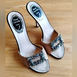 Rene' Caovilla Crystal Embellished Nude Slides Sandals Size 36.5