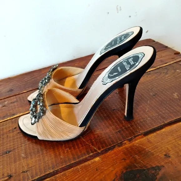 Rene' Caovilla Crystal Embellished Nude Slides Sandals Size 36.5