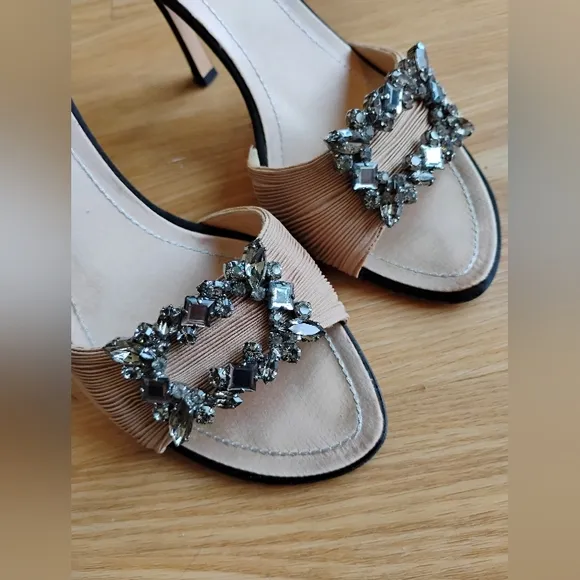 Rene' Caovilla Crystal Embellished Nude Slides Sandals Size 36.5