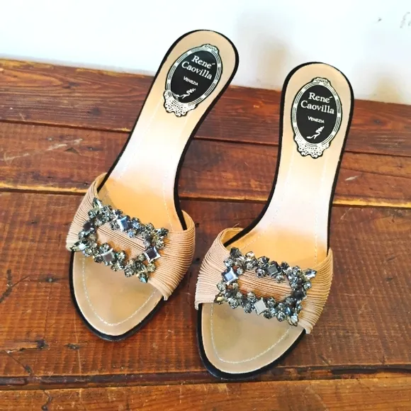 Rene' Caovilla Crystal Embellished Nude Slides Sandals Size 36.5