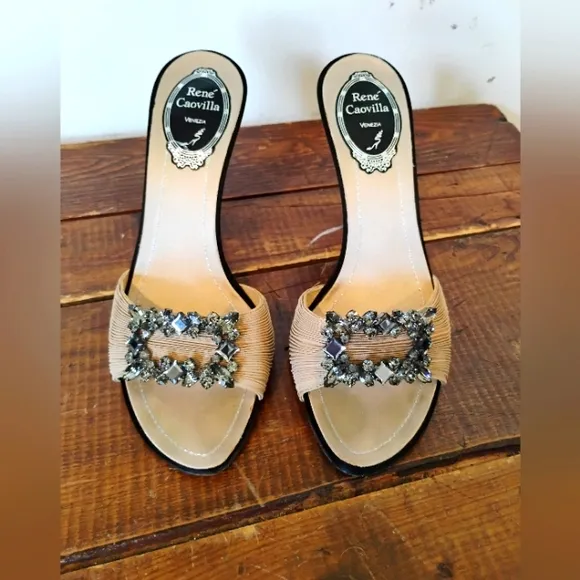 Rene' Caovilla Crystal Embellished Nude Slides Sandals Size 36.5