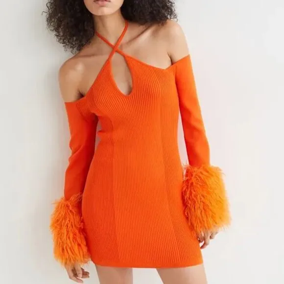 🌈RETRO FUNKY 90's VIBE🌈 H&amp;M CO-EXIST STORY Fur Cuff Knit Dress Orange