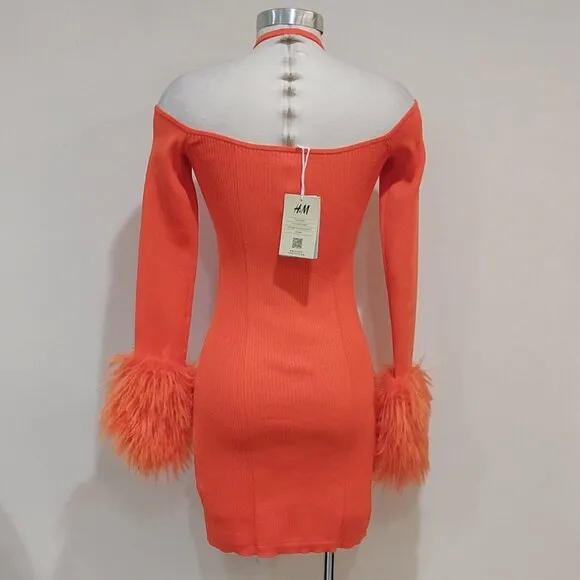 🌈RETRO FUNKY 90's VIBE🌈 H&amp;M CO-EXIST STORY Fur Cuff Knit Dress Orange