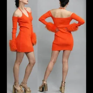 🌈RETRO FUNKY 90's VIBE🌈 H&amp;M CO-EXIST STORY Fur Cuff Knit Dress Orange