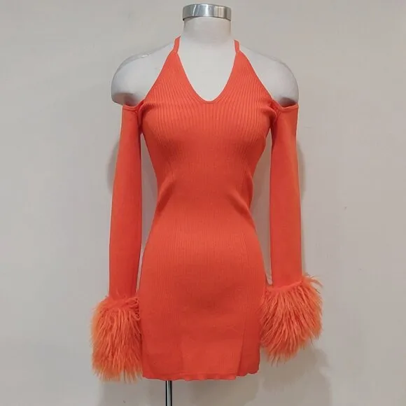 🌈RETRO FUNKY 90's VIBE🌈 H&amp;M CO-EXIST STORY Fur Cuff Knit Dress Orange