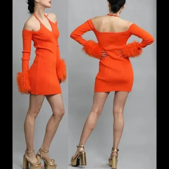 🌈RETRO FUNKY 90's VIBE🌈 H&amp;M CO-EXIST STORY Fur Cuff Knit Dress Orange