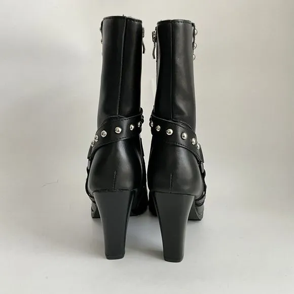 Ride Tecs Biker Boots Women Size 9 Black Studded Heeled Boots with Harness