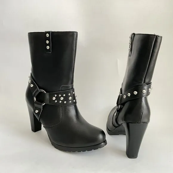 Ride Tecs Biker Boots Women Size 9 Black Studded Heeled Boots with Harness
