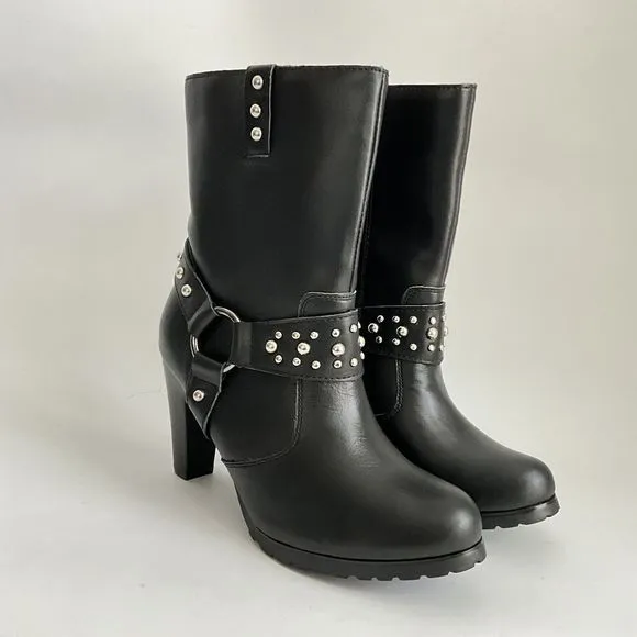 Ride Tecs Biker Boots Women Size 9 Black Studded Heeled Boots with Harness