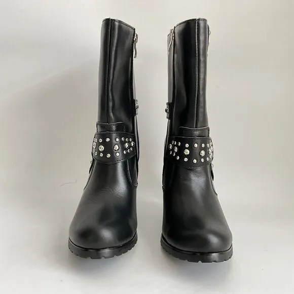 Ride Tecs Biker Boots Women Size 9 Black Studded Heeled Boots with Harness