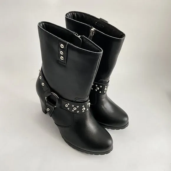 Ride Tecs Biker Boots Women Size 9 Black Studded Heeled Boots with Harness