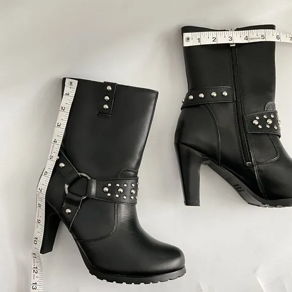 Ride Tecs Biker Boots Women Size 9 Black Studded Heeled Boots with Harness