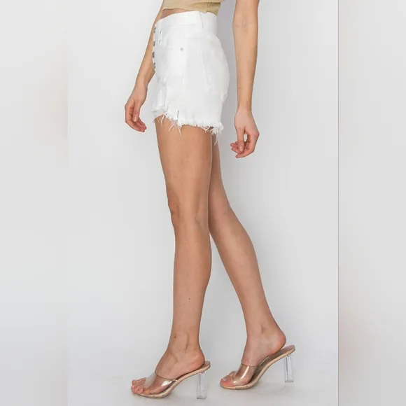 RISEN Button Fly Distressed White Denim Mid-Rise Shorts Frayed Cut-Off Jean