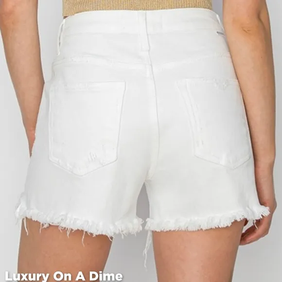 RISEN Button Fly Distressed White Denim Mid-Rise Shorts Frayed Cut-Off Jean