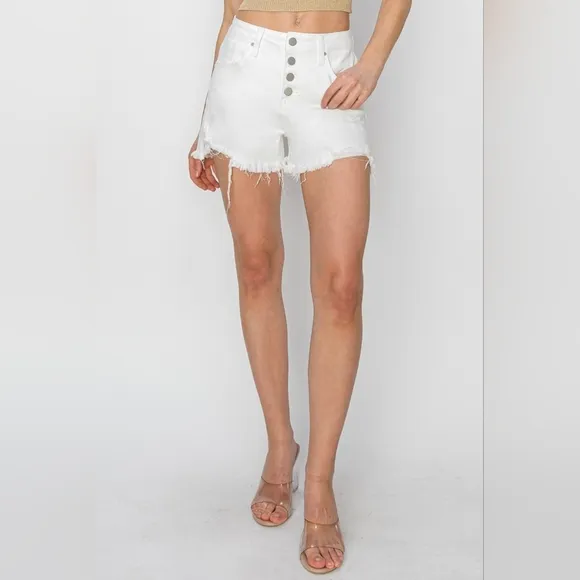 RISEN Button Fly Distressed White Denim Mid-Rise Shorts Frayed Cut-Off Jean