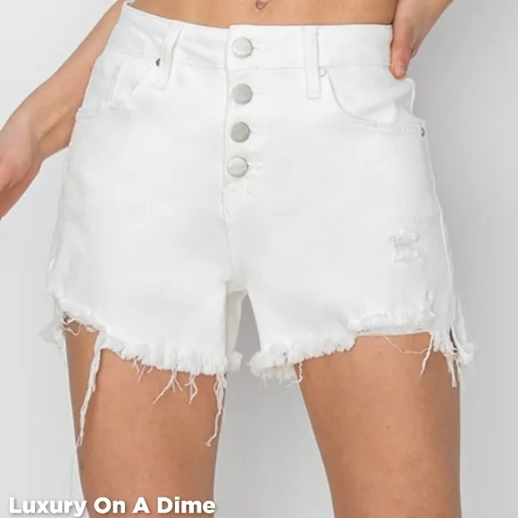RISEN Button Fly Distressed White Denim Mid-Rise Shorts Frayed Cut-Off Jean
