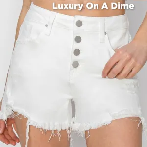 RISEN Button Fly Distressed White Denim Mid-Rise Shorts Frayed Cut-Off Jean