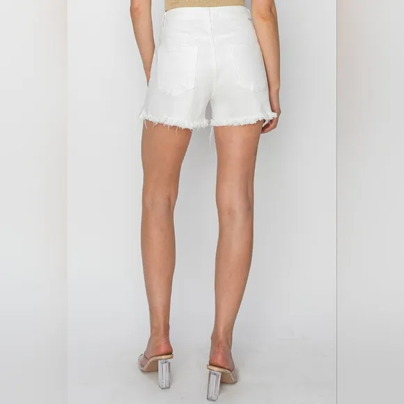 RISEN Button Fly Distressed White Denim Mid-Rise Shorts Frayed Cut-Off Jean