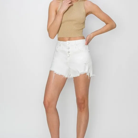RISEN Button Fly Distressed White Denim Mid-Rise Shorts Frayed Cut-Off Jean