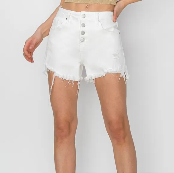 RISEN Button Fly Distressed White Denim Mid-Rise Shorts Frayed Cut-Off Jean