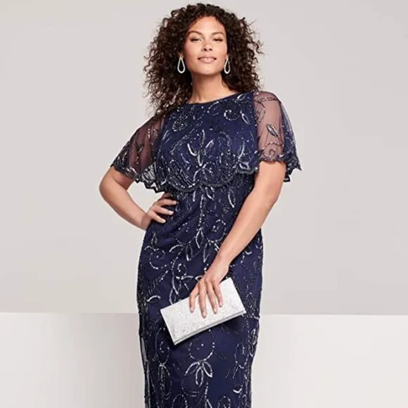 Roaman's Plus Size Beaded Capelet Gown in Dark Grey