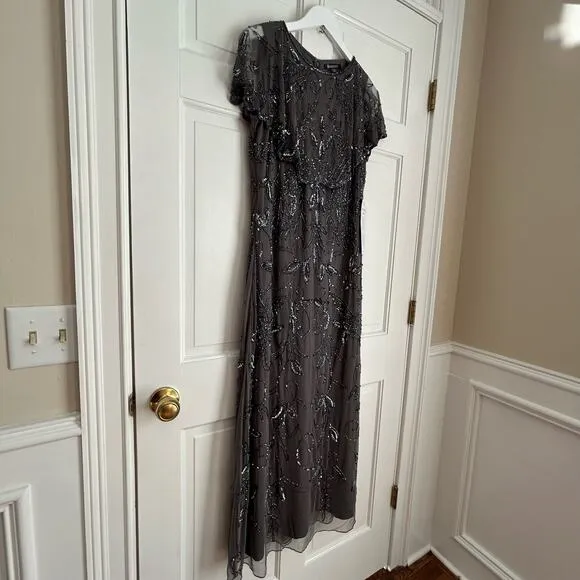 Roaman's Plus Size Beaded Capelet Gown in Dark Grey