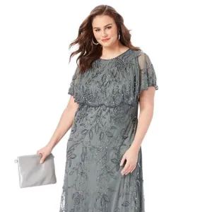 Roaman's Plus Size Beaded Capelet Gown in Dark Grey