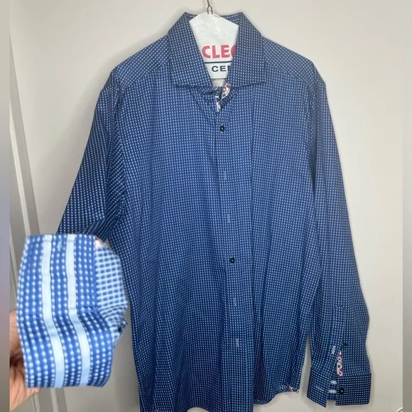 Robert Graham Modern Americana Men’s XL Tailored Fit Blue w white spots dress