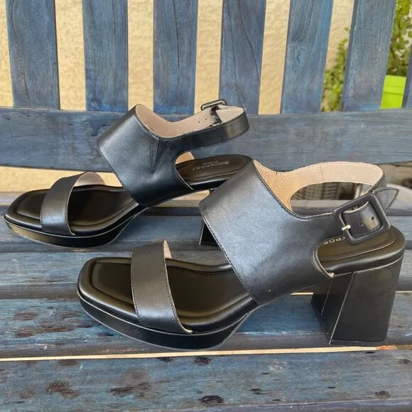 Rockport Aurelia Women 2 Band Sandal 9.5M Black Leather Heeled TruTech Comfort