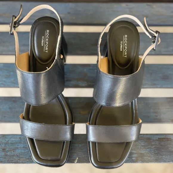 Rockport Aurelia Women 2 Band Sandal 9.5M Black Leather Heeled TruTech Comfort
