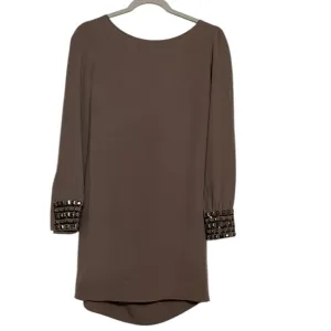 Romeo &amp; Juliet Couture Elegant Taupe Dress Top Embellished Sleeves Size Med NEW