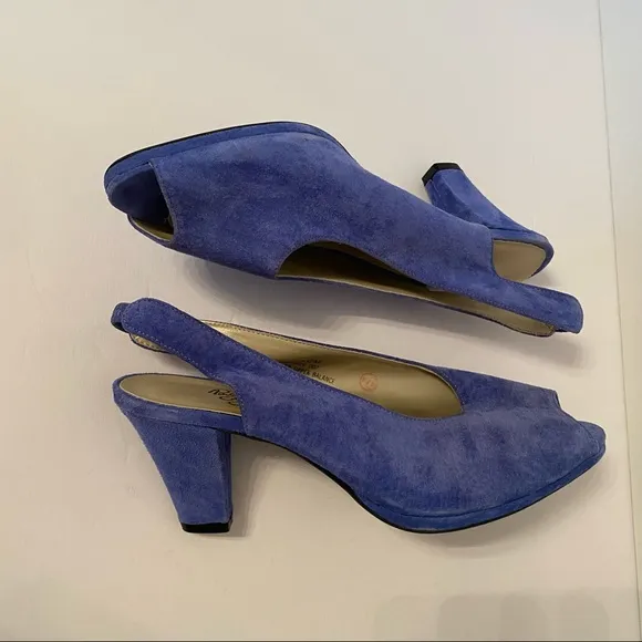 ROSINA FERRAGAMO SCHIAVONE VINTAGE SHOES BLUE SUEDE LEATHER SLINGBACK PEEPTOE 10