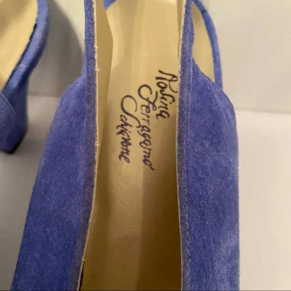 ROSINA FERRAGAMO SCHIAVONE VINTAGE SHOES BLUE SUEDE LEATHER SLINGBACK PEEPTOE 10