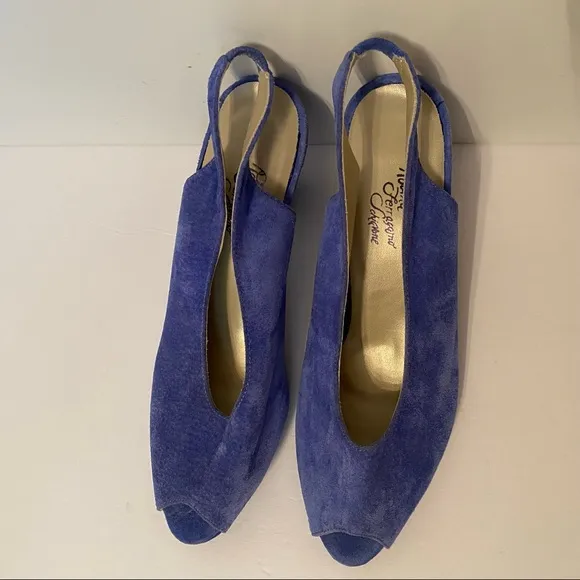 ROSINA FERRAGAMO SCHIAVONE VINTAGE SHOES BLUE SUEDE LEATHER SLINGBACK PEEPTOE 10