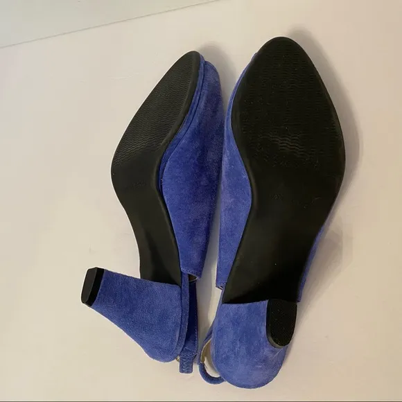 ROSINA FERRAGAMO SCHIAVONE VINTAGE SHOES BLUE SUEDE LEATHER SLINGBACK PEEPTOE 10