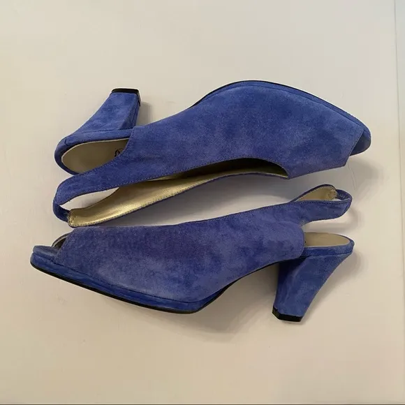 ROSINA FERRAGAMO SCHIAVONE VINTAGE SHOES BLUE SUEDE LEATHER SLINGBACK PEEPTOE 10
