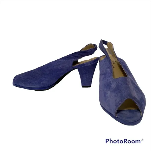 ROSINA FERRAGAMO SCHIAVONE VINTAGE SHOES BLUE SUEDE LEATHER SLINGBACK PEEPTOE 10