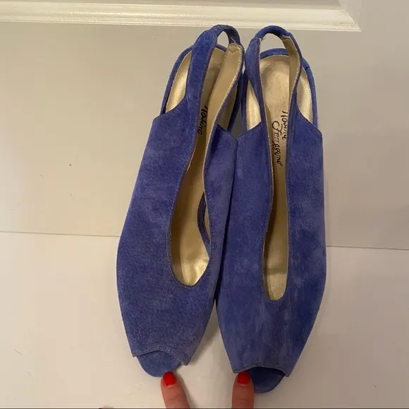 ROSINA FERRAGAMO SCHIAVONE VINTAGE SHOES BLUE SUEDE LEATHER SLINGBACK PEEPTOE 10