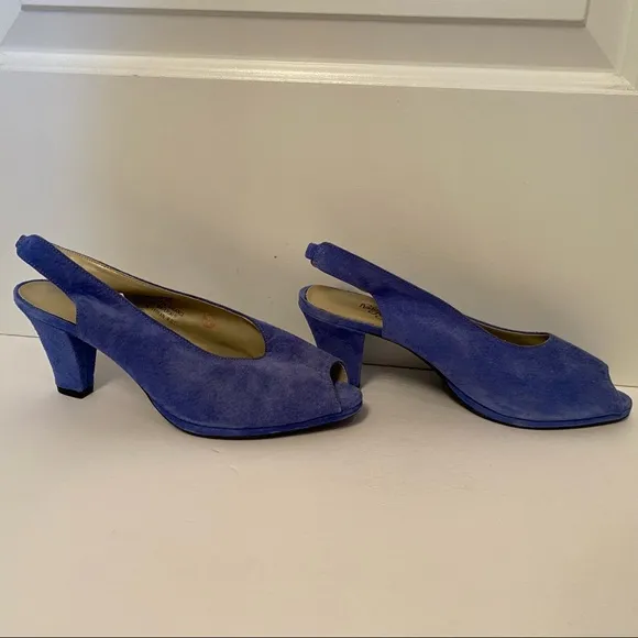 ROSINA FERRAGAMO SCHIAVONE VINTAGE SHOES BLUE SUEDE LEATHER SLINGBACK PEEPTOE 10