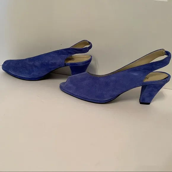 ROSINA FERRAGAMO SCHIAVONE VINTAGE SHOES BLUE SUEDE LEATHER SLINGBACK PEEPTOE 10