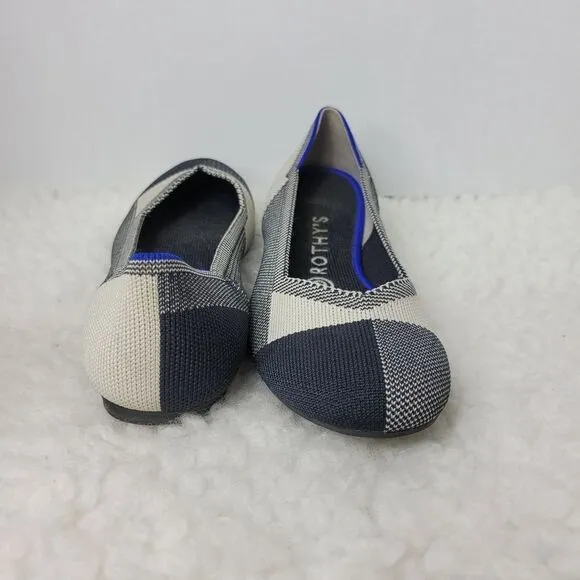 Rothys The Flat Buffalo Womens Shoes  Size 8 Plaid Back &amp; White  Round Cap Toe