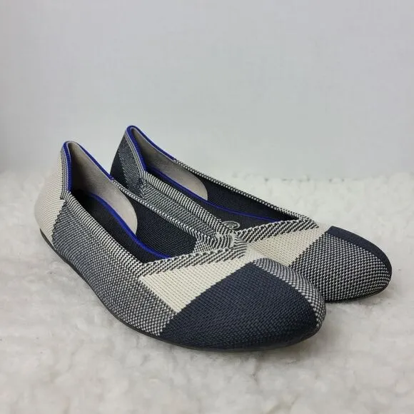 Rothys The Flat Buffalo Womens Shoes  Size 8 Plaid Back &amp; White  Round Cap Toe