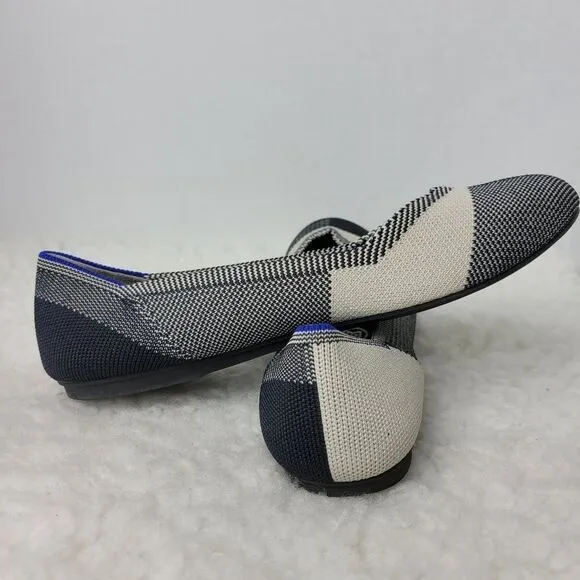 Rothys The Flat Buffalo Womens Shoes  Size 8 Plaid Back &amp; White  Round Cap Toe