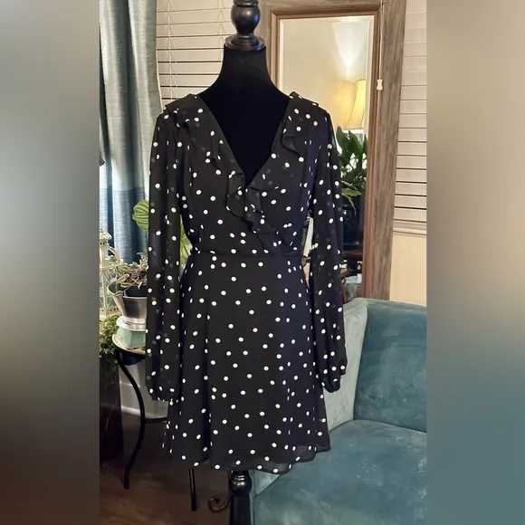 Row A Nordstrom Brand Polka Dot Ruffle Mini Dress w/long sheer sleeves- Classic