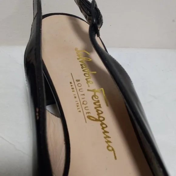 Salvatore Ferragamo Boutique Leather Slingback Block Heel Shoes Black Sz 8.5 3A