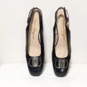 Salvatore Ferragamo Boutique Leather Slingback Block Heel Shoes Black Sz 8.5 3A