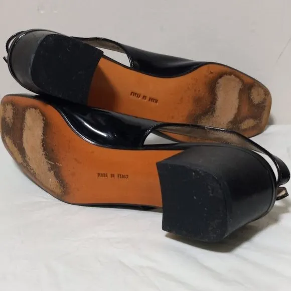 Salvatore Ferragamo Boutique Leather Slingback Block Heel Shoes Black Sz 8.5 3A