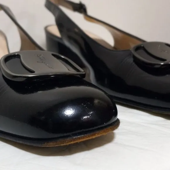 Salvatore Ferragamo Boutique Leather Slingback Block Heel Shoes Black Sz 8.5 3A