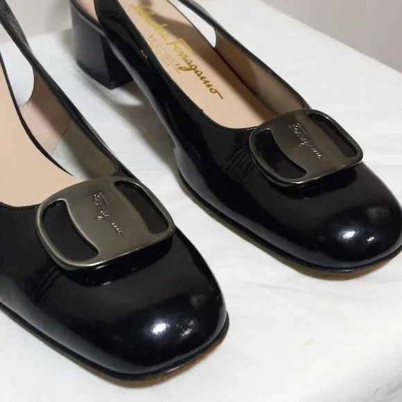Salvatore Ferragamo Boutique Leather Slingback Block Heel Shoes Black Sz 8.5 3A