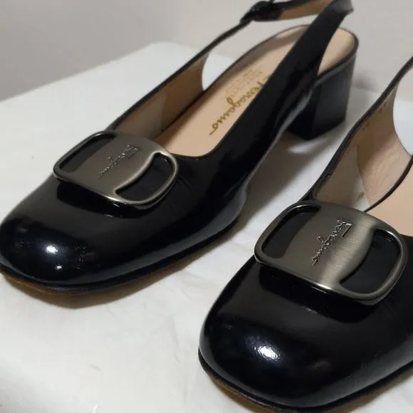 Salvatore Ferragamo Boutique Leather Slingback Block Heel Shoes Black Sz 8.5 3A